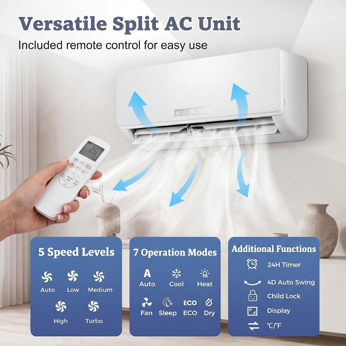 18000 BTU Air Conditioner Wall Split, 5 in 1 Air Conditioning Unit Heater Dehumidifier Air Purifier Fan with Heat Pump, Remote & Installation Kit, A++ Rating, Inverter, Wall AC Unit for 116㎡