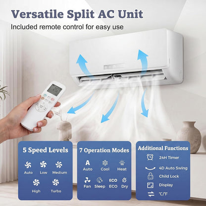 18000 BTU Air Conditioner Wall Split, 5 in 1 Air Conditioning Unit Heater Dehumidifier Air Purifier Fan with Heat Pump, Remote & Installation Kit, A++ Rating, Inverter, Wall AC Unit for 116㎡