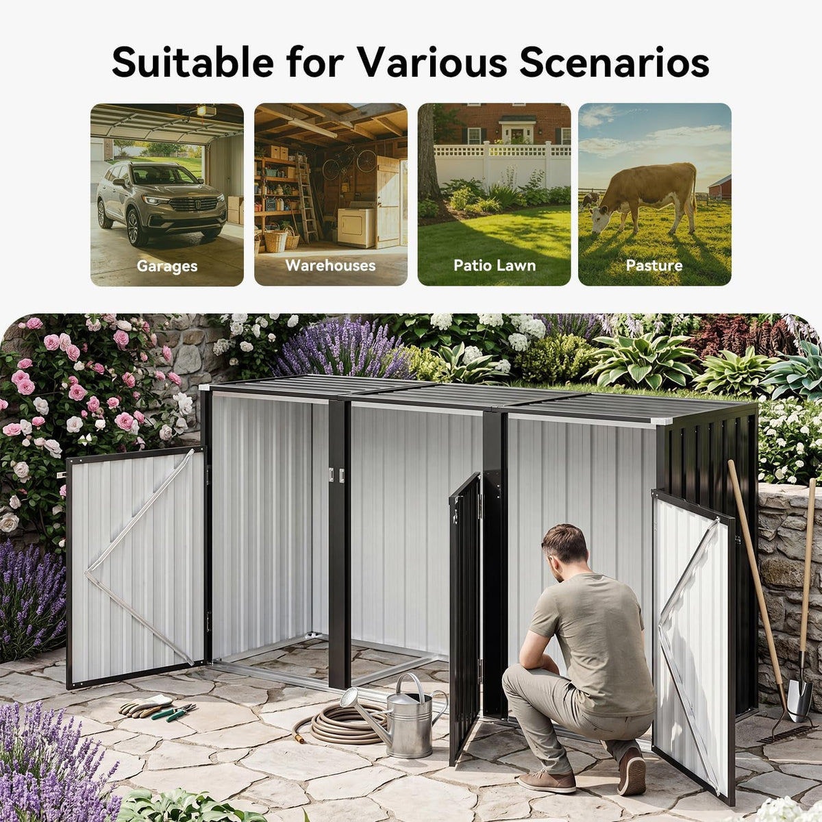 3 Wheelie Bin Storage, Outdoor Bin Storage Shed for 3 Bins up to 240L, Galvanized Steel Bin Store with Chain Lid & Reinforced Back Panel for Garden Patio Yard