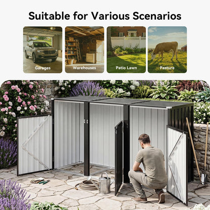 3 Wheelie Bin Storage, Outdoor Bin Storage Shed for 3 Bins up to 240L, Galvanized Steel Bin Store with Chain Lid & Reinforced Back Panel for Garden Patio Yard