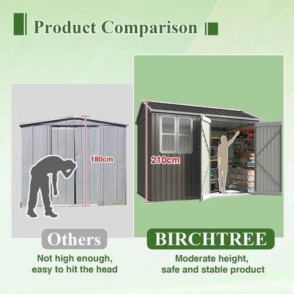 Garden Shed Steel Apex Roof House Outdoor Backyard Storage with Lockable Double Doors Window Free Foundation Tool Equipment Organizer Air Vents 8X6Ft Grey