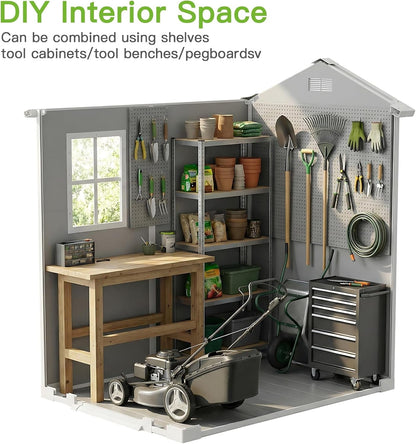 4X6Ft Plastic Shed with Floor & Window, All-Weather Garden Shed