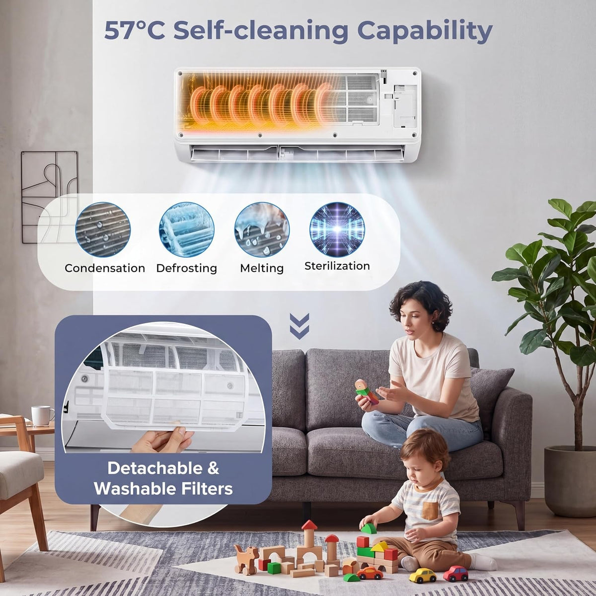 18000 BTU Air Conditioner Wall Split, 5 in 1 Air Conditioning Unit Heater Dehumidifier Air Purifier Fan with Heat Pump, Remote & Installation Kit, A++ Rating, Inverter, Wall AC Unit for 116㎡