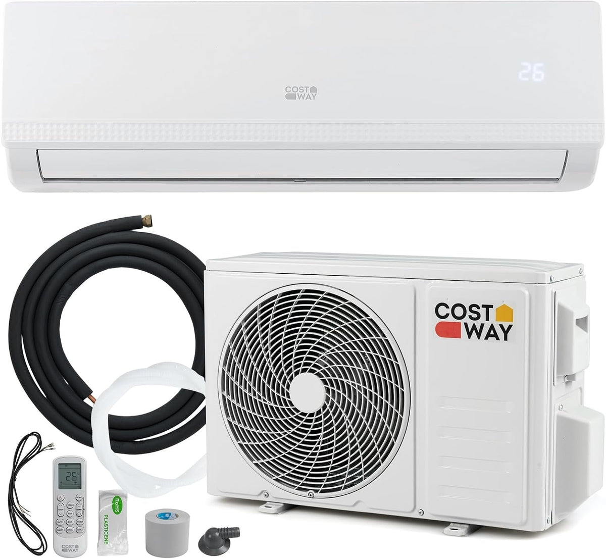 9000 BTU Air Conditioner Wall Split, 5 in 1 Air Cooler Heater Dehumidifier Air Purifier Fan with Heat Pump & Remote Control, A++ Efficiency, 2.6 Kw, Inverter, Installation Kit Included