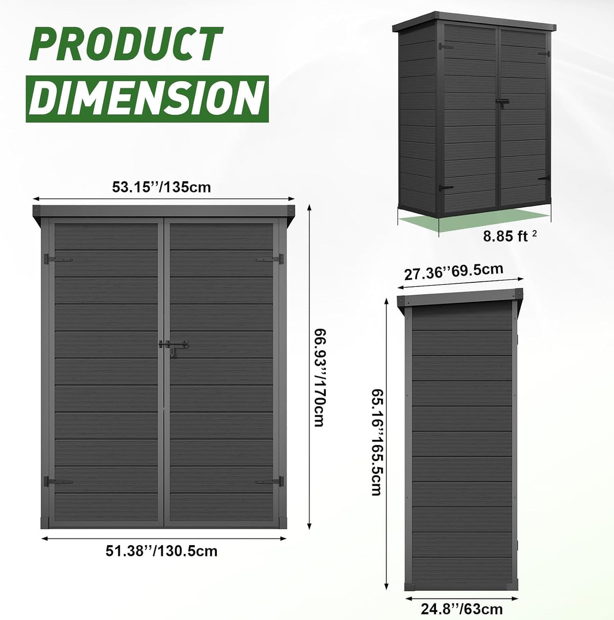 Garden Shed,  4.4×2.17FT All Weather Resin Storage Shed with Double Doors,Sloped Pent Roof Waterproof Sheds Outdoor Storage Plastic Shed with Floor Included Garden Tool Shed Low Maintenance-Black