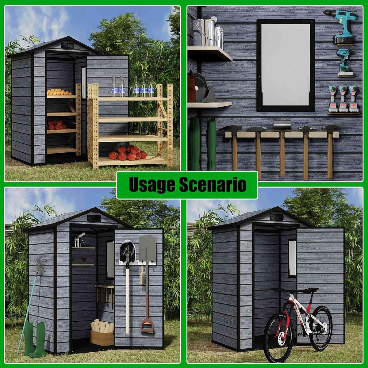 4X3FT Plastic Garden Shed with Floor Apex Roof Wood Grain Effect Fade Free All Weather Resistant Lockable Door Outdoor Storage Box Air Vent&Window Garden Tool Shed Low Maintenance Grey