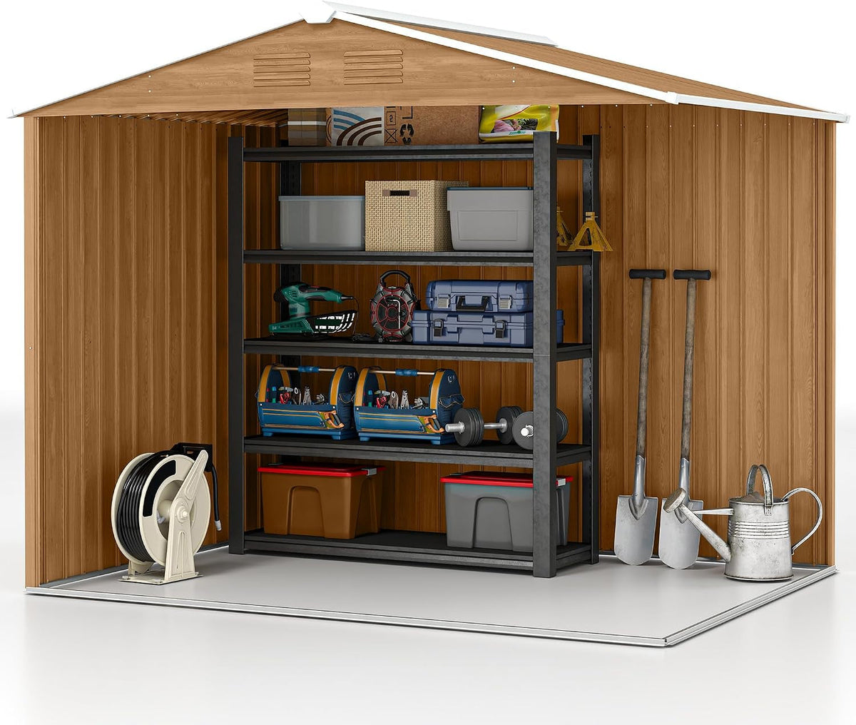 7.7 X 5.6Ft Metal Garden Shed with Vents Brown Wood Effect