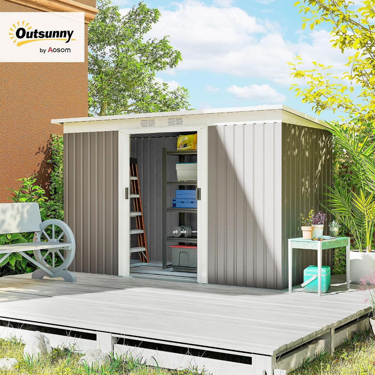 9Ft X 4Ft Metal Garden Shed Waterproof Light Grey