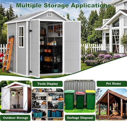 3X5 4X6 6X4 6X6Ft Outdoor Resin Storage Shed with Heavy-Duty Floor, Waterproof Plastic Garden Shed Storage with Window, Lockable Door for Tools, Bike UV Protection (6X4Ft)