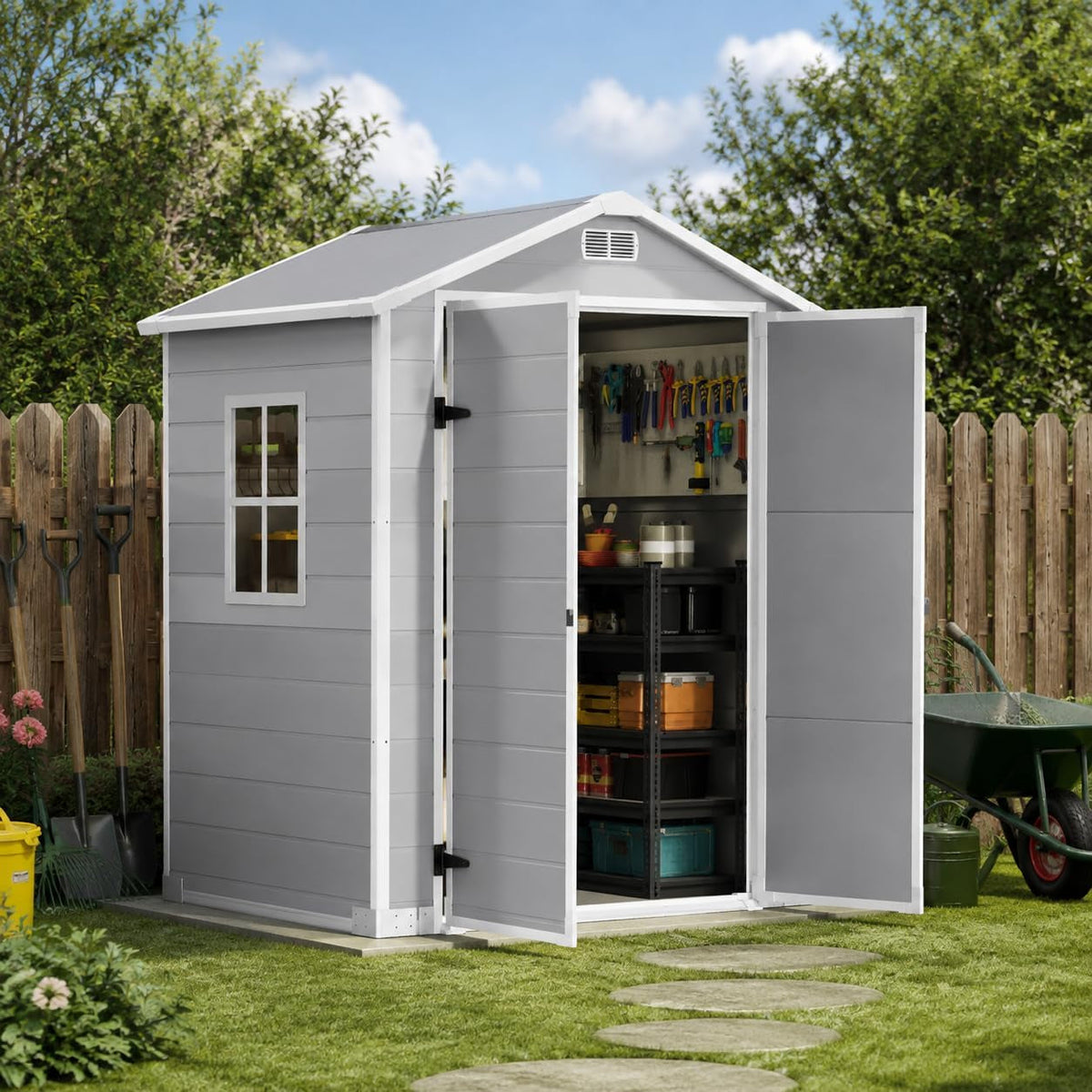 3X5 4X6 6X4 6X6Ft Outdoor Resin Storage Shed with Heavy-Duty Floor, Waterproof Plastic Garden Shed Storage with Window, Lockable Door for Tools, Bike UV Protection (6X4Ft)