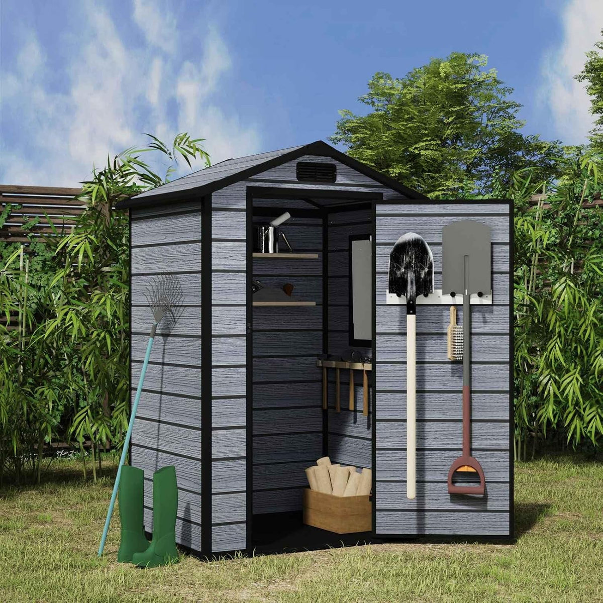 4X3FT Plastic Garden Shed with Floor Apex Roof Wood Grain Effect Fade Free All Weather Resistant Lockable Door Outdoor Storage Box Air Vent&Window Garden Tool Shed Low Maintenance Grey