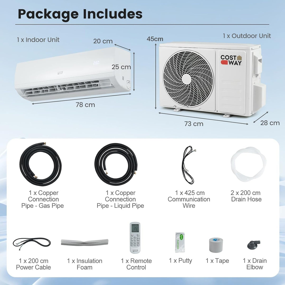 9000 BTU Air Conditioner Wall Split, 5 in 1 Air Cooler Heater Dehumidifier Air Purifier Fan with Heat Pump & Remote Control, A++ Efficiency, 2.6 Kw, Inverter, Installation Kit Included
