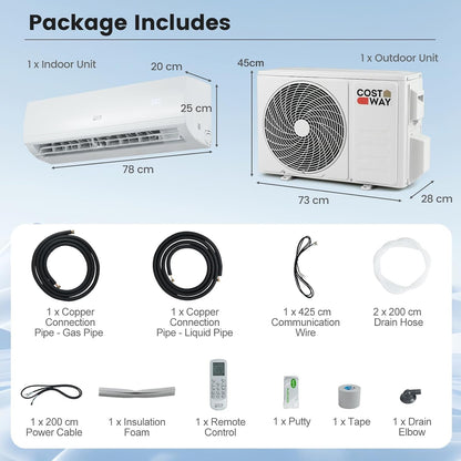 9000 BTU Air Conditioner Wall Split, 5 in 1 Air Cooler Heater Dehumidifier Air Purifier Fan with Heat Pump & Remote Control, A++ Efficiency, 2.6 Kw, Inverter, Installation Kit Included