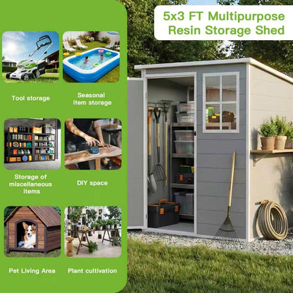5×3 FT Plastic Garden Storage Shed with Floor,All Weather Resin Sheds and Outdoor Storage,Waterproof Outdoor Shed with Lockable Door/Sloped Roof/Window/Vent,For Yard,Patio,Lawn,Bike