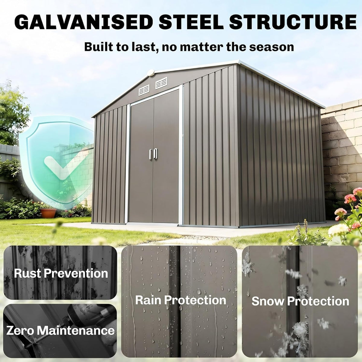 9 X 6 Ft Metal Garden Shed Waterproof Galvanised Grey
