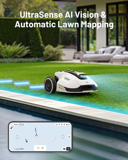 YUKA 2000 Robot Lawn Mower, Perimeter Wire Free, Recommended 2000 M², Max.2400 M², Equipped with Ultrasense AI Vision, Handles 45% Slopes, Cutting Heights 20-90Mm, Automatic Mapping
