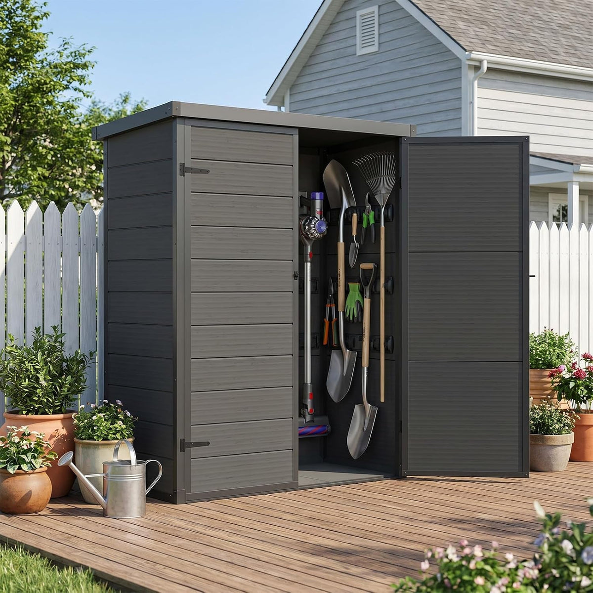Garden Shed,  4.4×2.17FT All Weather Resin Storage Shed with Double Doors,Sloped Pent Roof Waterproof Sheds Outdoor Storage Plastic Shed with Floor Included Garden Tool Shed Low Maintenance-Black