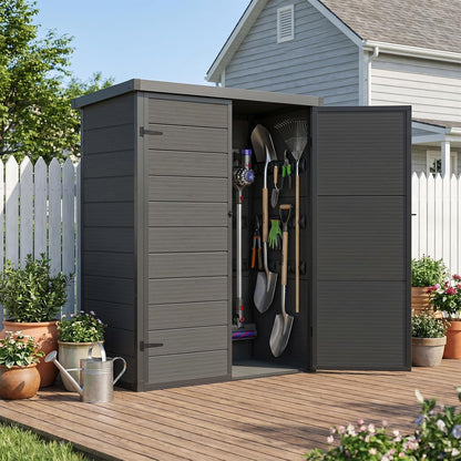 Garden Shed,  4.4×2.17FT All Weather Resin Storage Shed with Double Doors,Sloped Pent Roof Waterproof Sheds Outdoor Storage Plastic Shed with Floor Included Garden Tool Shed Low Maintenance-Black