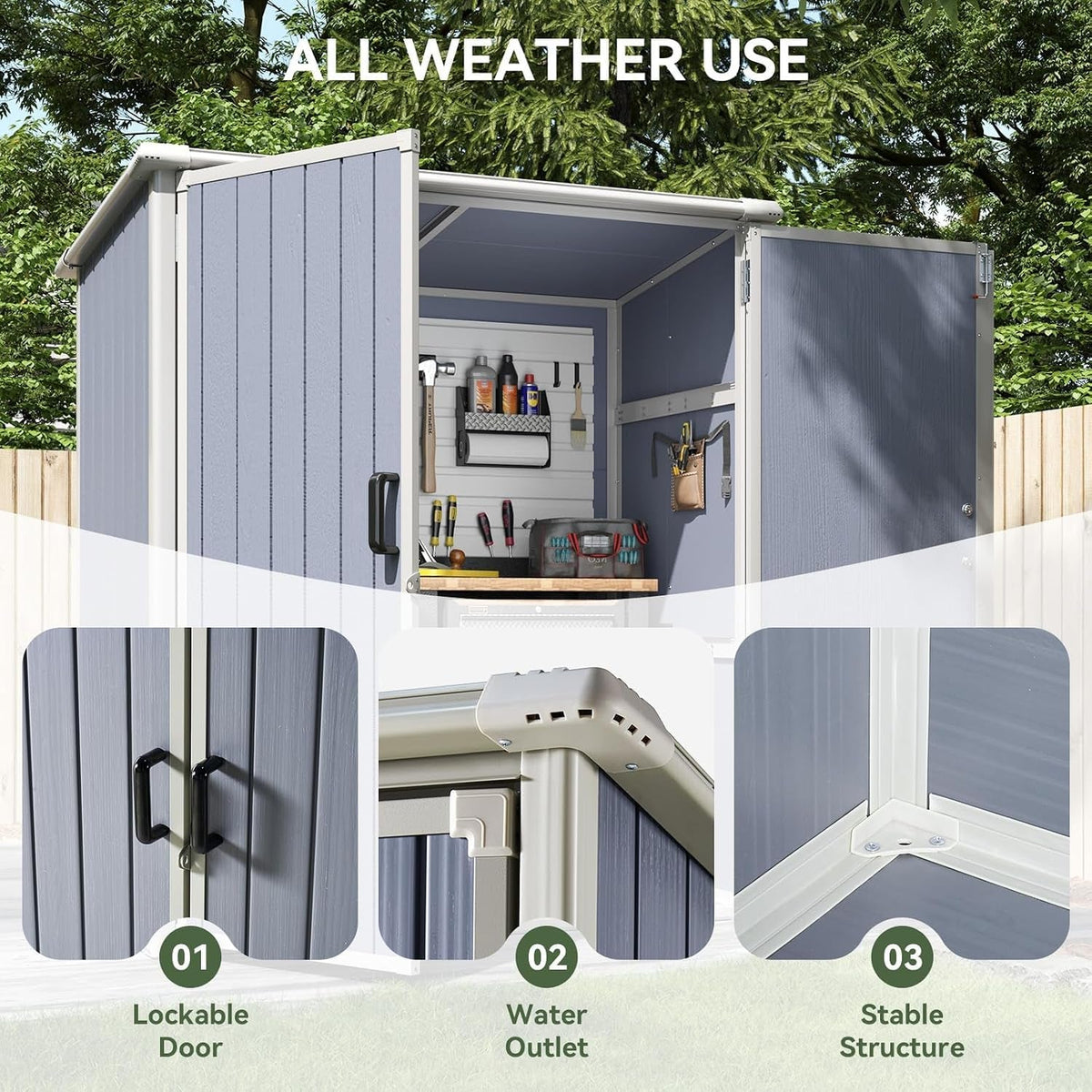 5 X 3 FT Outdoor Storage Shed, Resin Shed with Floor & Lockable Doors, Small Garden Shed Waterproof Plastic Tool Shed with Sloped Roof for Backyard, Garden, Patio, Lawn, Grey