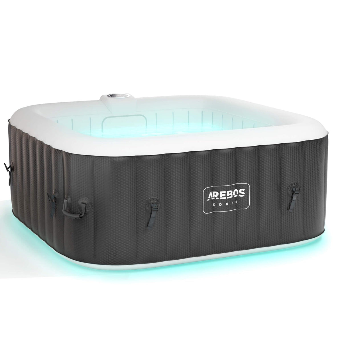 Arebos Inflatable Hot Tub | Indoor & Outdoor Spa Pool | 154 x 154 cm | with LED lighting | square |4 persons | 100 massage jets | with heating | 600 L | Incl. cover | Bubble Spa & Wellness Massage