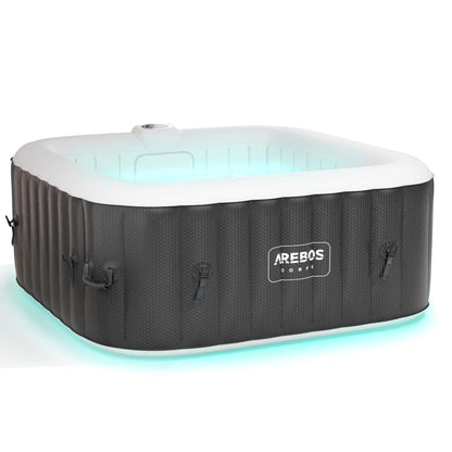 Arebos Inflatable Hot Tub | Indoor & Outdoor Spa Pool | 154 x 154 cm | with LED lighting | square |4 persons | 100 massage jets | with heating | 600 L | Incl. cover | Bubble Spa & Wellness Massage