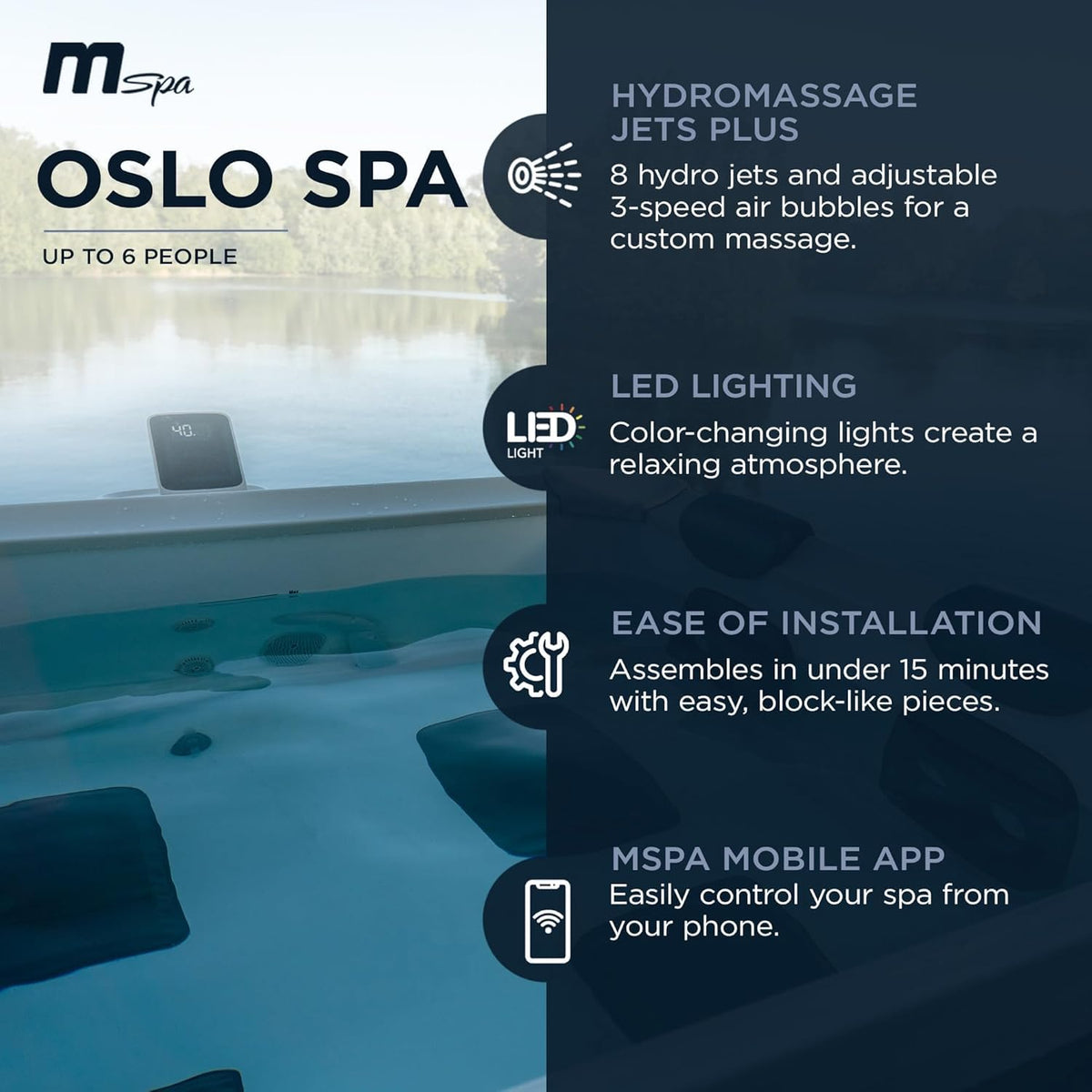 MSpa Oslo Sapphire 4-6 Person Portable Modular Hot Tub - Wi-Fi Controlled 13A Plug & Play (New 2026 Model) Exterior LED Colour Lighting 160x160x65cm 120 Massage Jets All Year Use - DIY Setup