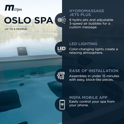 MSpa Oslo Sapphire 4-6 Person Portable Modular Hot Tub - Wi-Fi Controlled 13A Plug & Play (New 2026 Model) Exterior LED Colour Lighting 160x160x65cm 120 Massage Jets All Year Use - DIY Setup