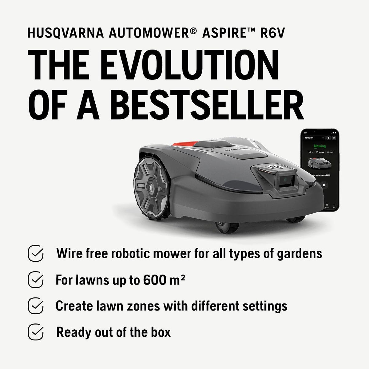 Automower® Aspire R6V – Wire-Free Robotic Lawn Mower, AI Vision Object Detection, GPS Navigation, Wi-Fi App Control, Systematic Mowing Patterns, Virtual Zones, up to 600 M2