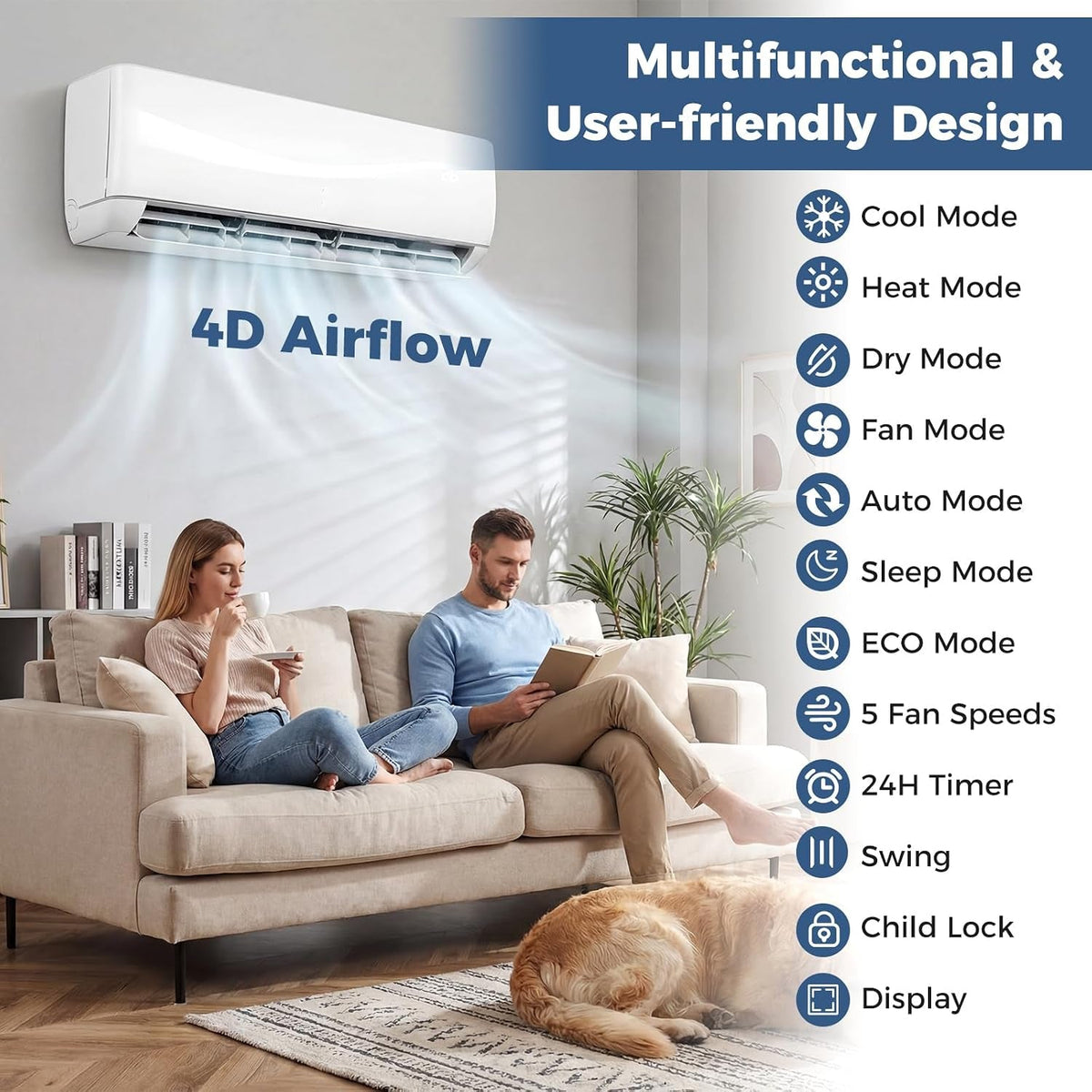 24000 BTU Air Conditioner Wall Split, 5 in 1 Air Conditioning Unit Heater Dehumidifier Air Purifier Fan with Heat Pump, Remote & Installation Kit, A++ Rating, Inverter, Wall AC Unit for 139㎡