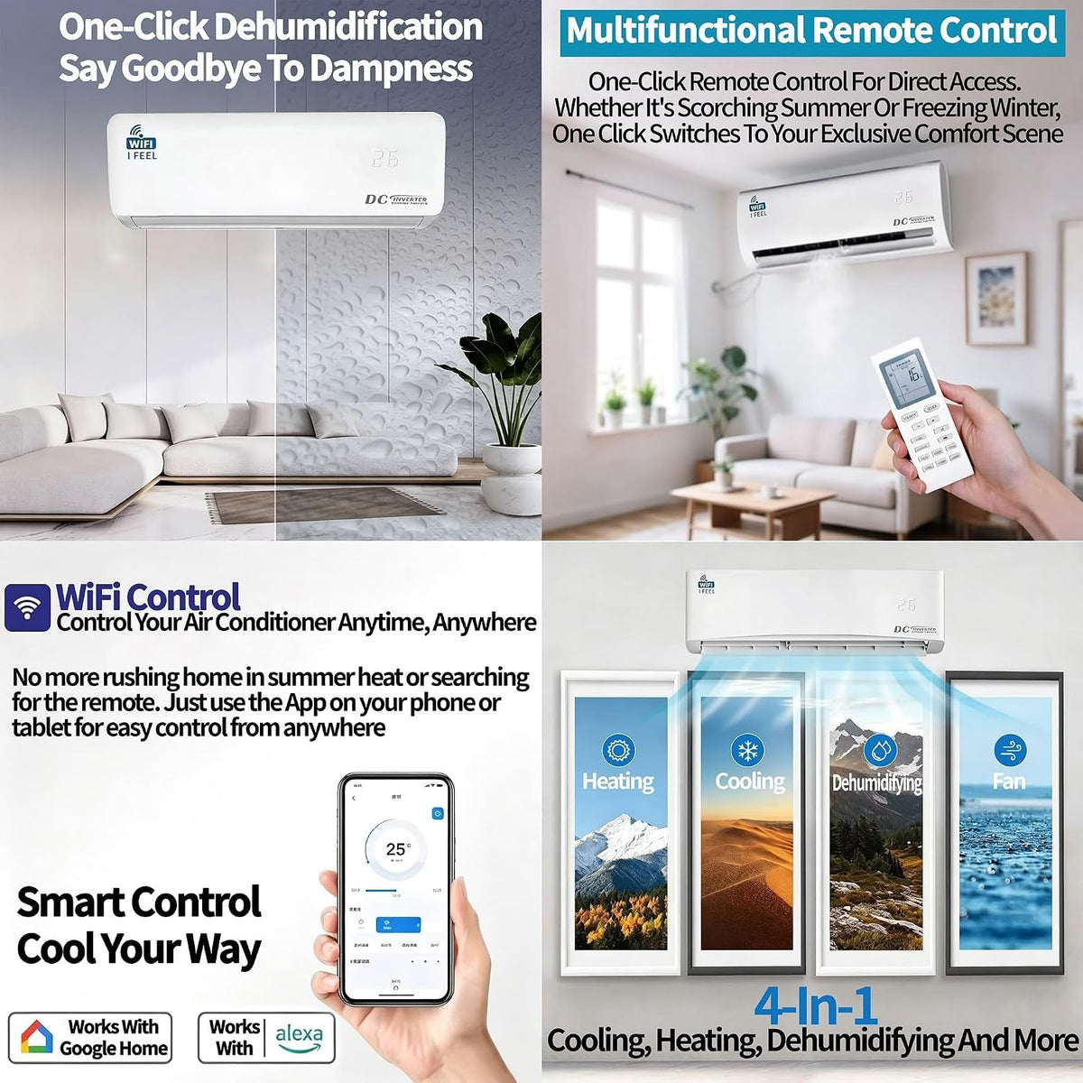 12000 BTU Air Conditioner, Wall Split, Wi Fi, 5 in 1, Cooler, Heater, Dehumidifier, Air Purifier, Heat Pump, Remote Control, 3.5 Kw, A++, App Control, Pre Gassed, 2 Pipes & Installation Kit Included