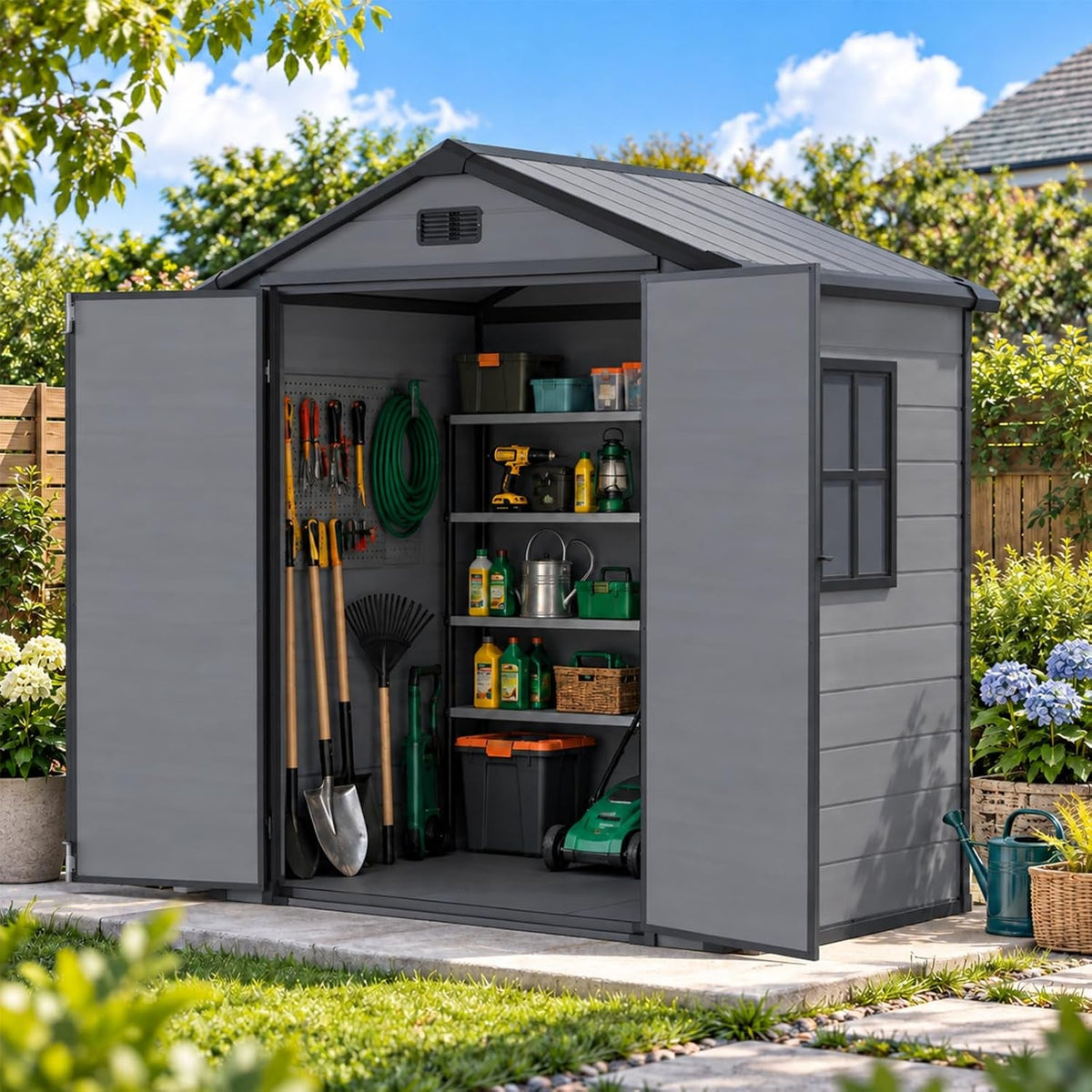 6X4 FT Outdoor Storage Shed, All-Weather Plastic Shed with Floor Included & Lockable Doors & Slooping Roof, Plastic Garden Shed with Vents & Window for Backyard, Patio, Poolside, Bike-Black