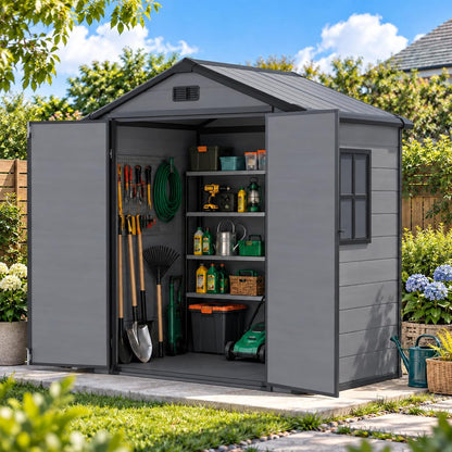 6X4 FT Outdoor Storage Shed, All-Weather Plastic Shed with Floor Included & Lockable Doors & Slooping Roof, Plastic Garden Shed with Vents & Window for Backyard, Patio, Poolside, Bike-Black