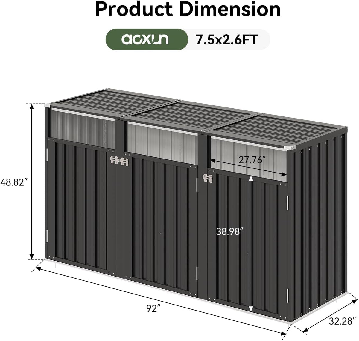 3 Wheelie Bin Storage, Outdoor Bin Storage Shed for 3 Bins up to 240L, Galvanized Steel Bin Store with Chain Lid & Reinforced Back Panel for Garden Patio Yard