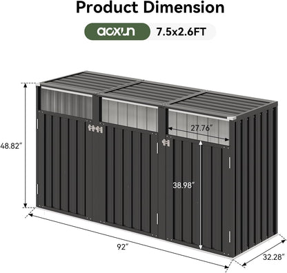 3 Wheelie Bin Storage, Outdoor Bin Storage Shed for 3 Bins up to 240L, Galvanized Steel Bin Store with Chain Lid & Reinforced Back Panel for Garden Patio Yard