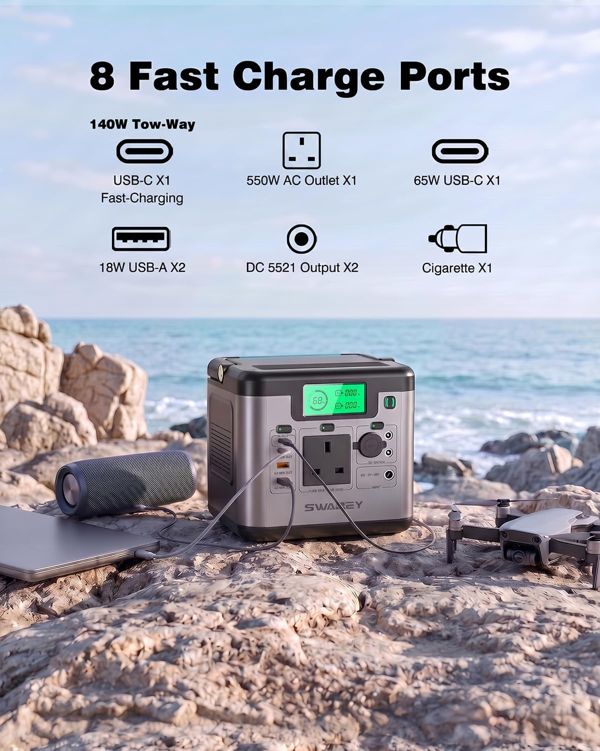 Portable Power Station S550, 555Wh Solar Generator with 550W (Peak 1100W) Pure Sine Wave AC, PD 140W Two-Way Fast Charging USB-C, Emergency Power Supply for Outdoor Camping RV Home