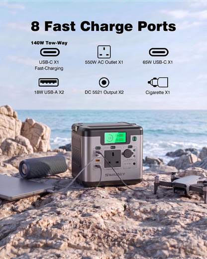 Portable Power Station S550, 555Wh Solar Generator with 550W (Peak 1100W) Pure Sine Wave AC, PD 140W Two-Way Fast Charging USB-C, Emergency Power Supply for Outdoor Camping RV Home
