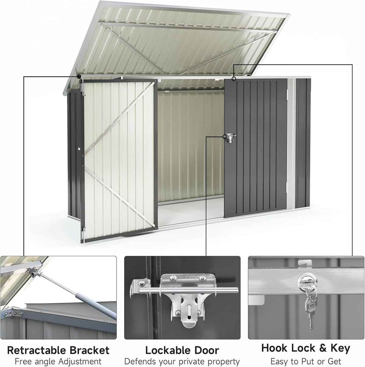 Lockable Garden Storage Shed, Outdoor Bike Shed with Door and Roof, Metal Galvanized Steel Pent Tool Storage Sheds for Bikes, Garbage Bins, Black (D105X W210X H130Cm)