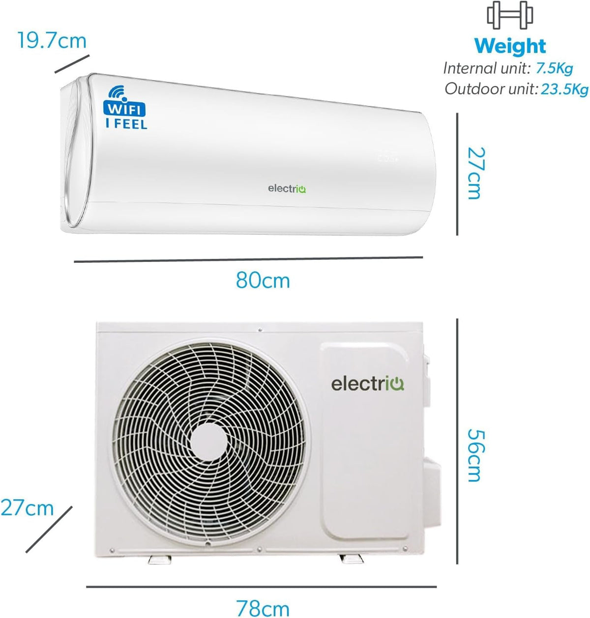 Iqool plus 12,000 BTU A+++ Smart Wall Split Air Conditioner & Heat Pump, Wi‑Fi/Voice Control, “I Feel” Sensor, Self‑Cleaning, Blue‑Fin Coating, Includes 5 M Pipe Kit with 5 Years Warranty