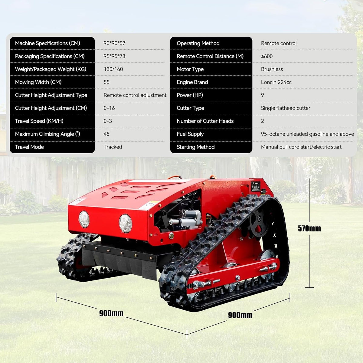 Remote-Controlled Lawnmower, 9Hp Hybrid Tracked Robotic Lawnmower, 55Cm Cutting Width, Remotely Adjustable Cutting Height, All-Terrain Self-Charging Operation, Suitable for Various Scenarios