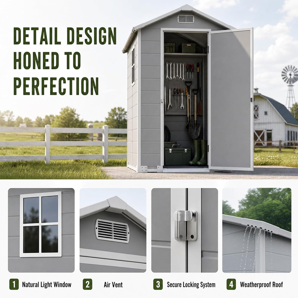 4X6Ft Plastic Shed with Floor& Easy Ramp, Waterproof,Resin Storage