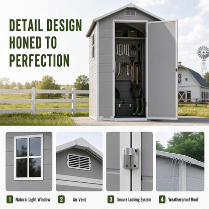 4X6Ft Plastic Shed with Floor& Easy Ramp, Waterproof,Resin Storage