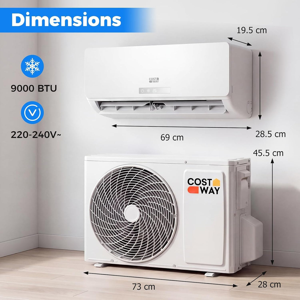 9000 BTU Air Conditioner Wall Split, 5 in 1 Air Cooler Heater Dehumidifier Air Purifier Fan with Heat Pump & Remote Control, A++ Efficiency, Inverter, Installation Kit Included