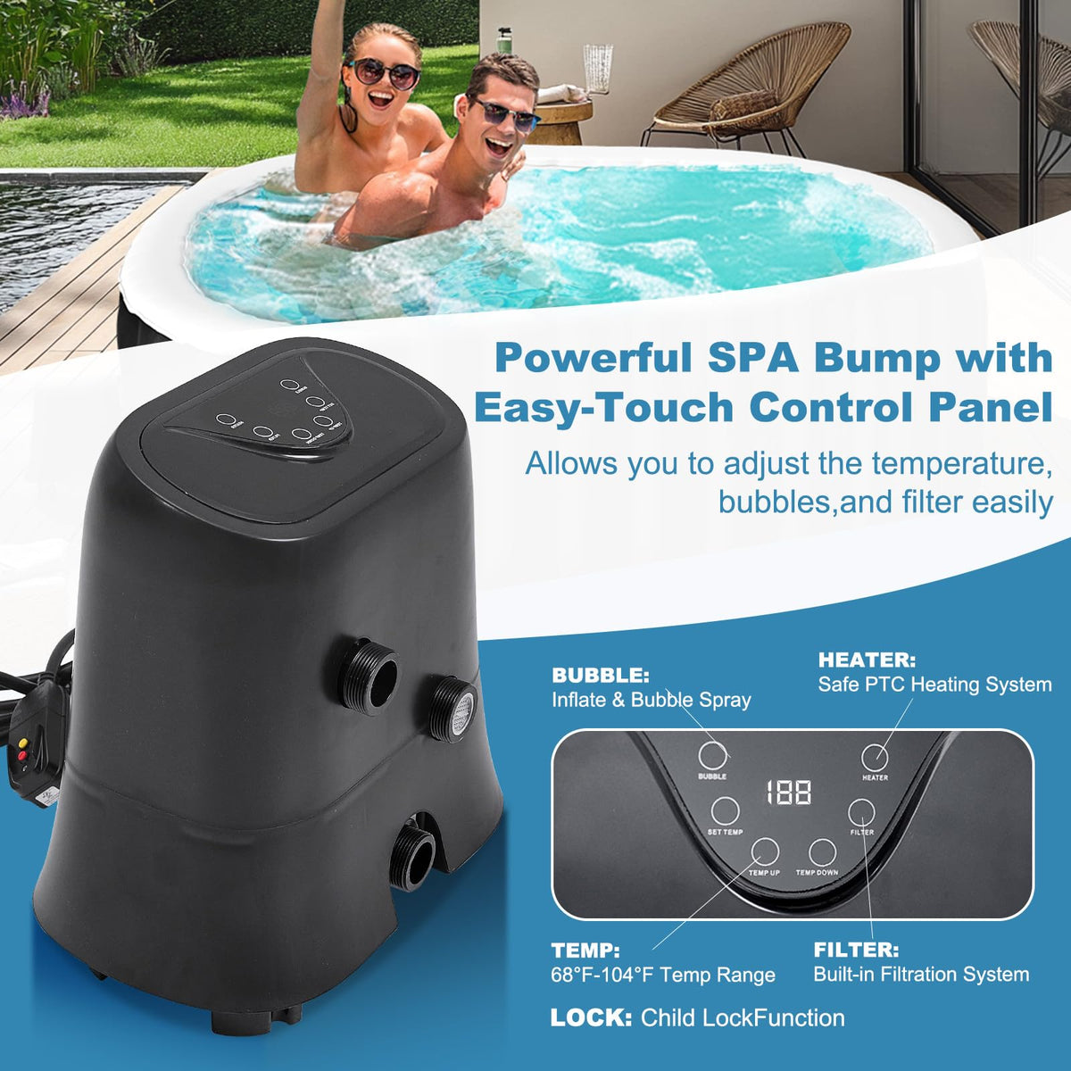 SUNYRISY Inflatable Hot Tub 1-2 Person with Side Table, 190x120cm Leak-Proof Blow up Portable Hot Tub with 100 Air Jets, Outdoor Spa with Heater Pump, Filter and Insulated Cover