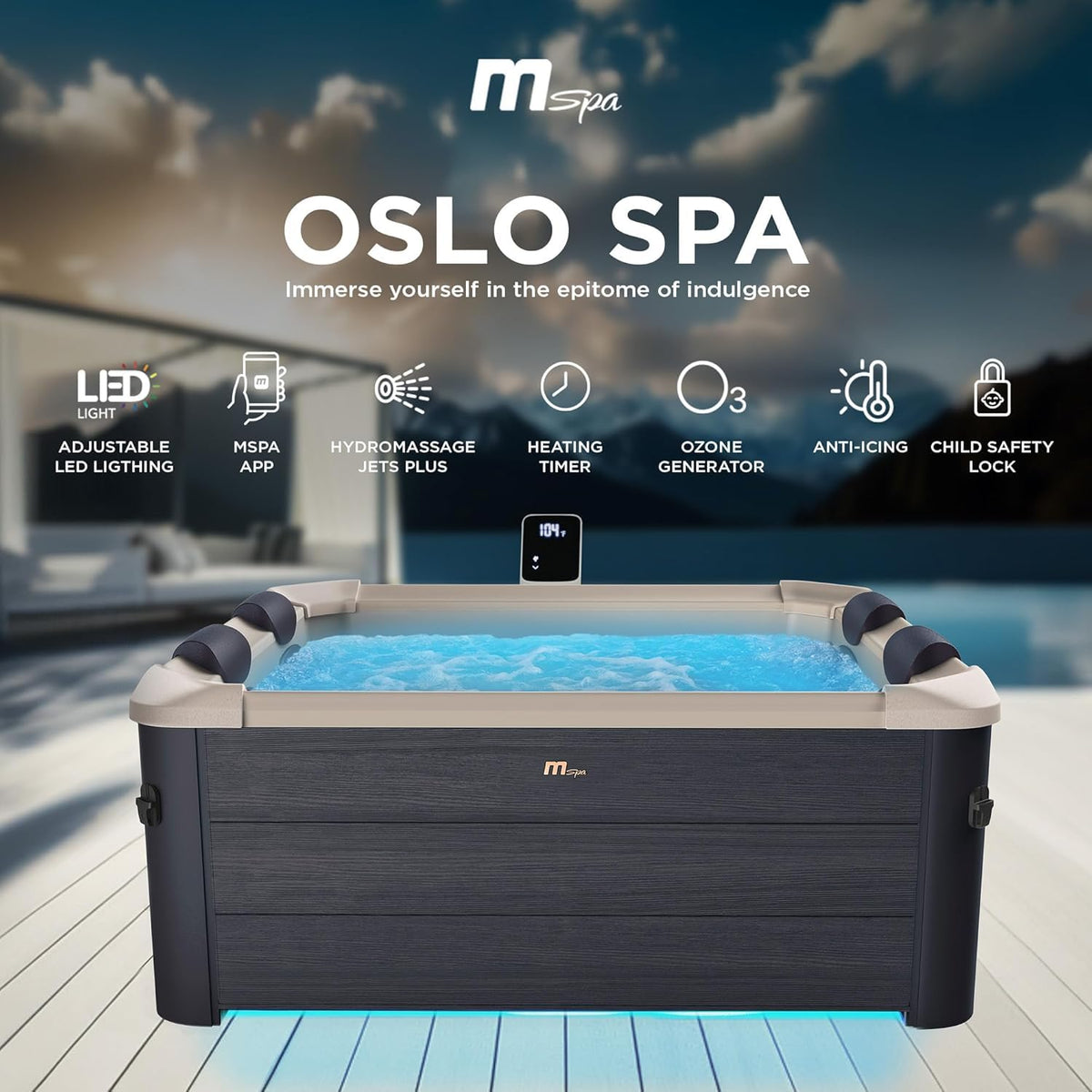 MSpa Oslo Sapphire 4-6 Person Portable Modular Hot Tub - Wi-Fi Controlled 13A Plug & Play (New 2026 Model) Exterior LED Colour Lighting 160x160x65cm 120 Massage Jets All Year Use - DIY Setup