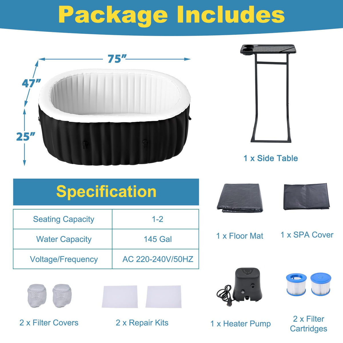 SUNYRISY Inflatable Hot Tub 1-2 Person with Side Table, 190x120cm Leak-Proof Blow up Portable Hot Tub with 100 Air Jets, Outdoor Spa with Heater Pump, Filter and Insulated Cover