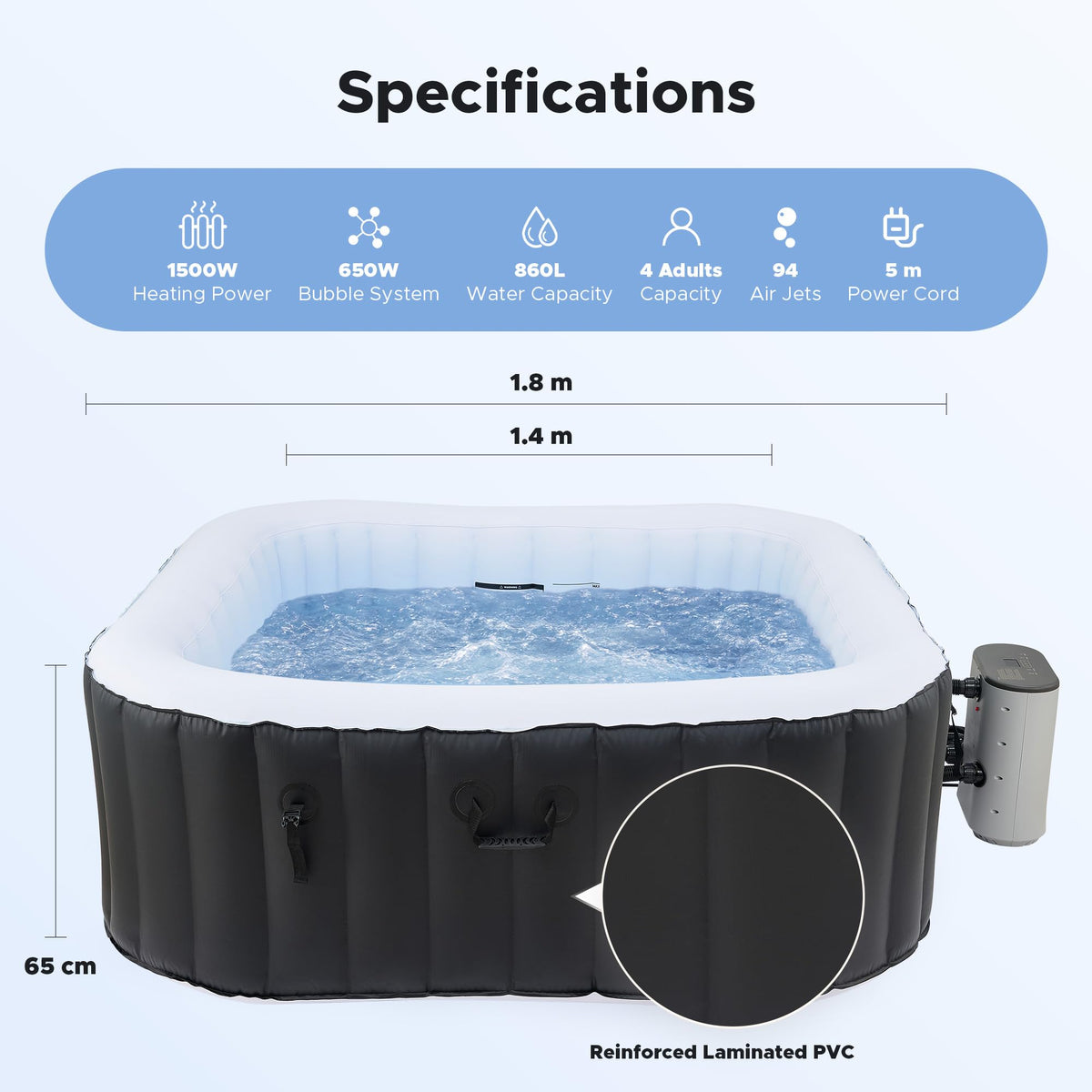 CO-Z Inflatable Hot Tub w 94 Massage Jets | 1.8m 862 Litres w Heating