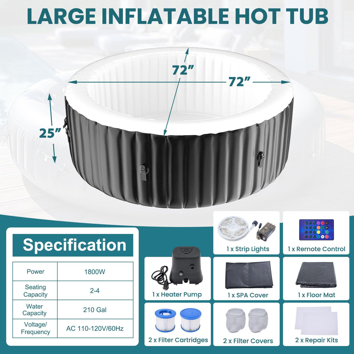 2-4 Person Inflatable Hot Tub with Colour-Changing LED Lights | Large Round Portable Spa with 120 Bubble Jets | Includes Heater Pump, Filter & Insulated Cover | 180L x 180W x 63H cm