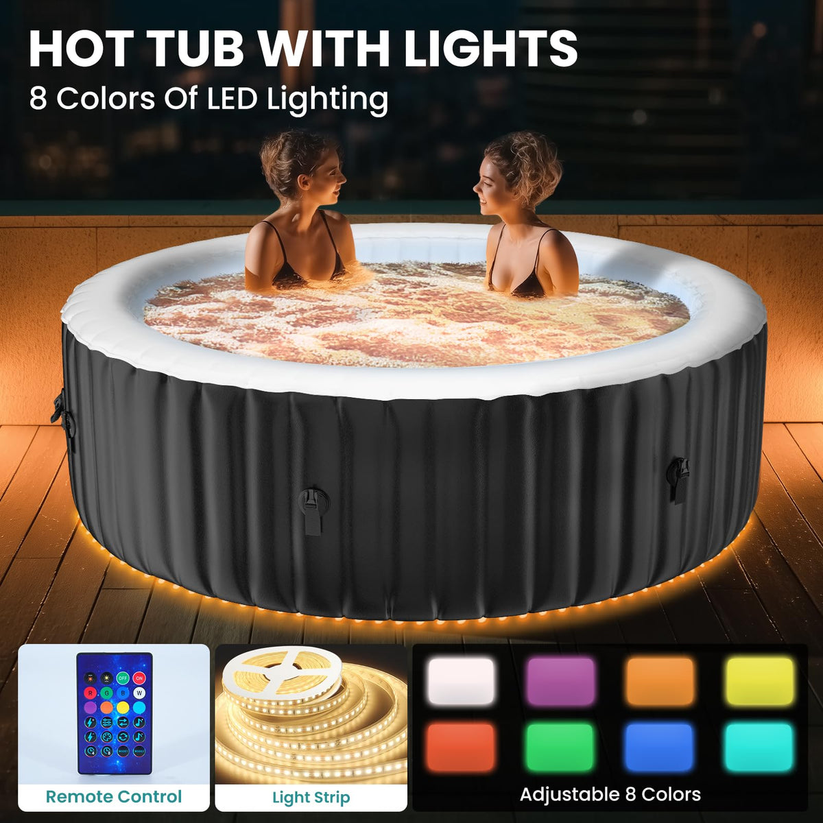 2-4 Person Inflatable Hot Tub with Colour-Changing LED Lights | Large Round Portable Spa with 120 Bubble Jets | Includes Heater Pump, Filter & Insulated Cover | 180L x 180W x 63H cm