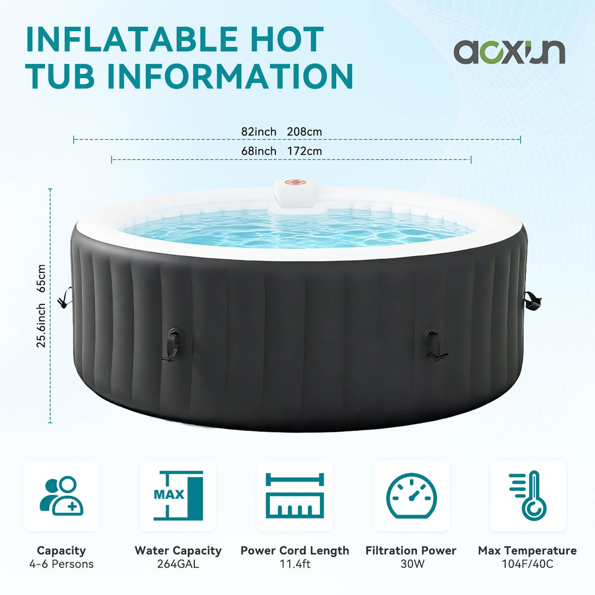 Aoxun Inflatable Hot Tub 208X208CM, 60% More Energy Efficient, Portable Lazy Spa with 1800W Heater & 130 Air Jets Massage System, Fits Small Bathroom & Garden, Includes Insulated Cover & Filter, Black