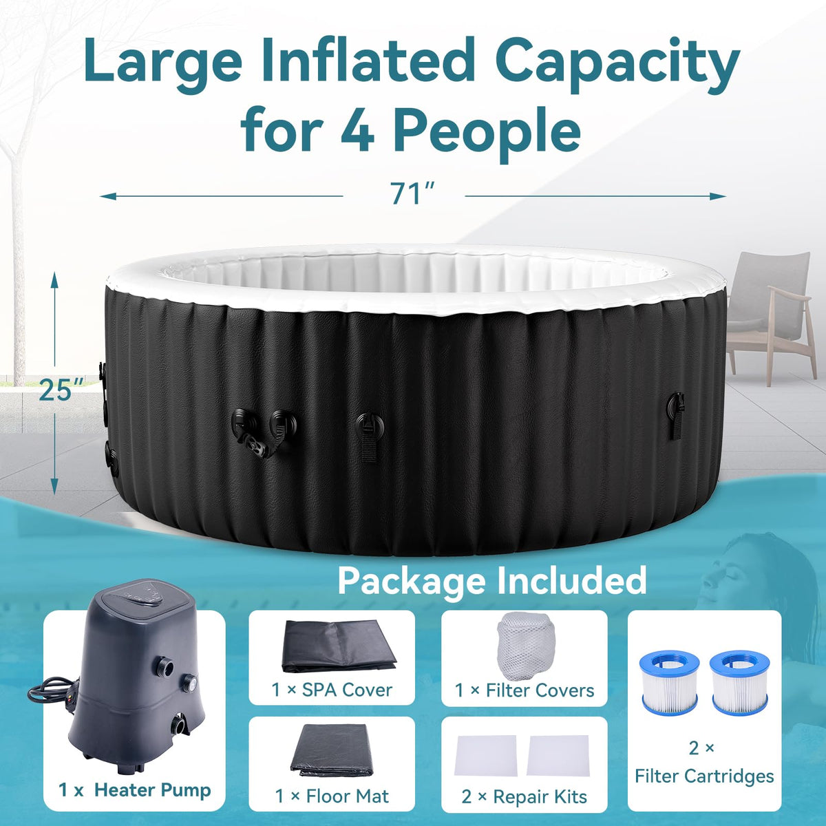 Obqer Inflatable Hot Tub 4 Person, 2400W Blow Up Hot Tubs, 71x71x25 Inch